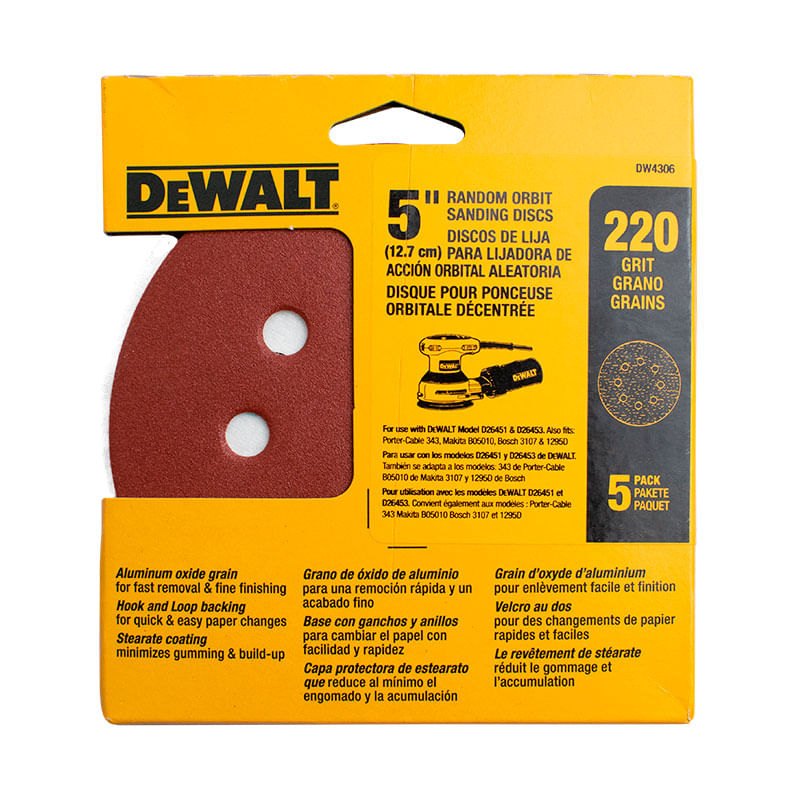 Set 5 Discos De Lija Orbital Velcro 5" Grano 220 Dewalt DW4306::X