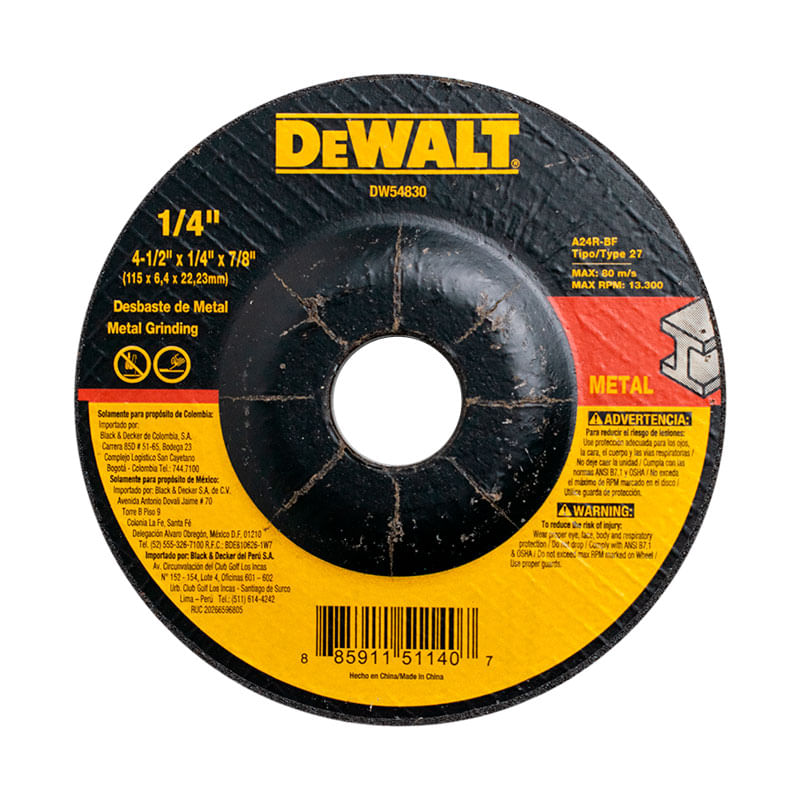 Disco De Corte y Desbaste Tipo 27 De 1/4" x 4-1/2" Dewalt DW54830