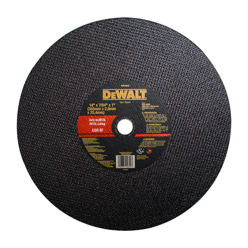 Disco Abrasivo Tipo 1 Para Tronzadora Corte Metal De 14" x 7/64" x 1" DW44640