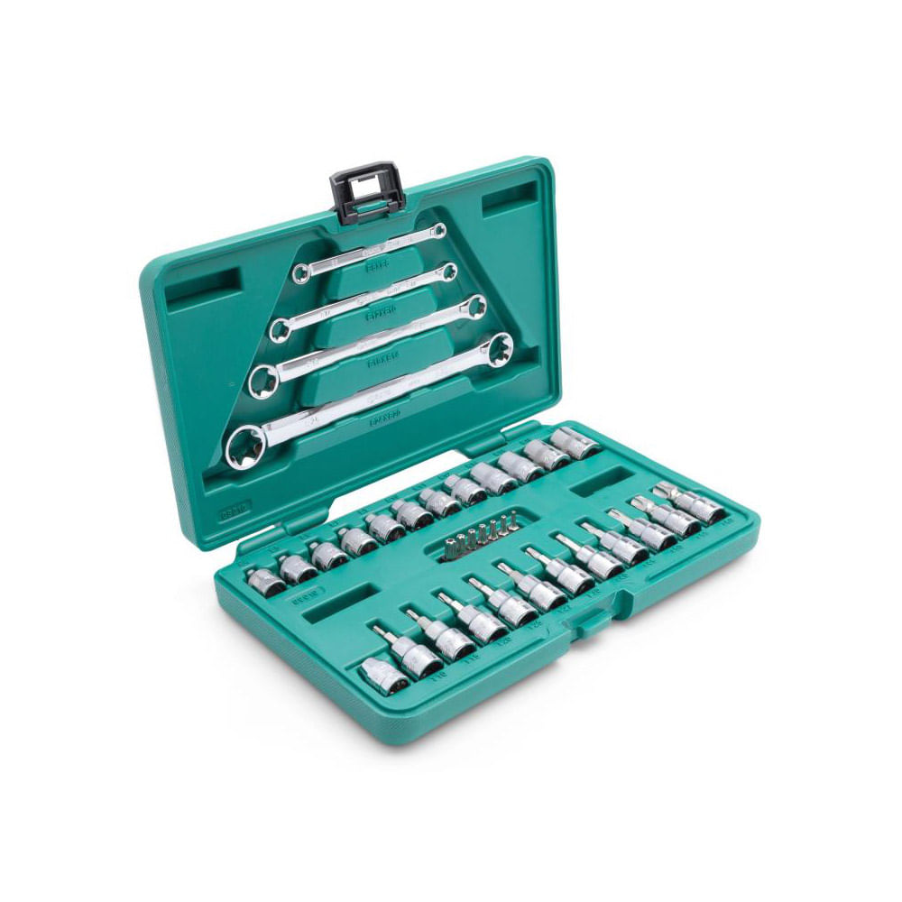 Juego De Copas Y Llaves Torx Cuadrante 3/8 Y 1/4" 35 Piezas Sata St09010