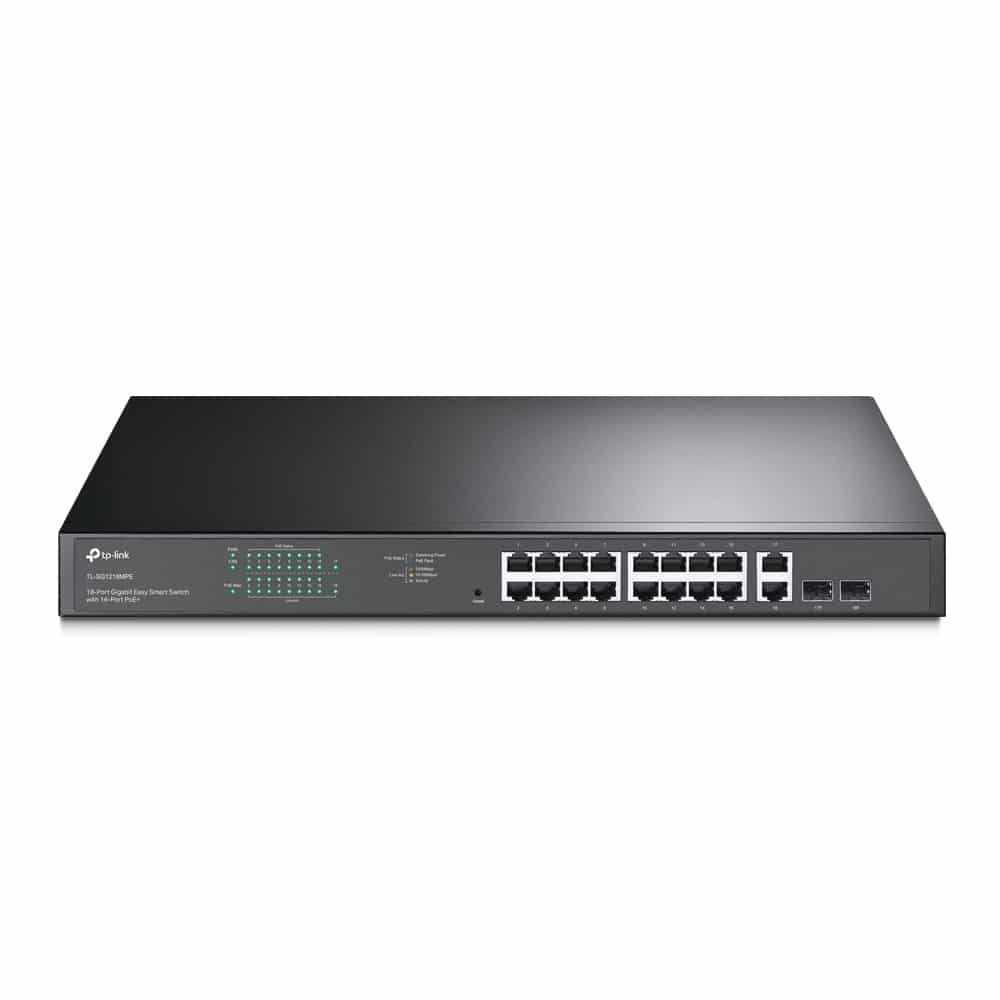 Switch 16 puertos PoE + RJ45 10/100/1000Mbps con 2 ranuras SFP | TL-SG1218MPE Tp link